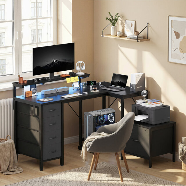 L-Shaped Computer Desk with File Drawer and Printer Stand
