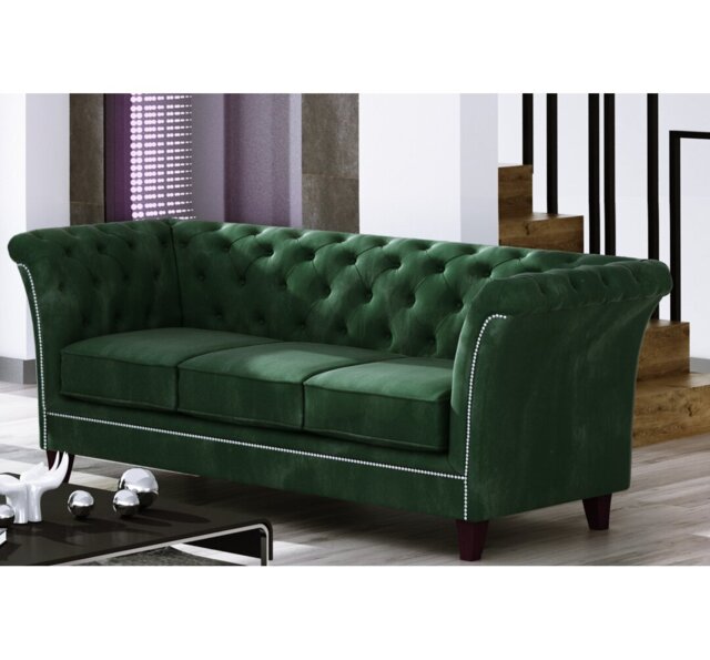 Chesterfield  Sofa 3 Seater Made of Velvet Fabric with Solid Wood Legs