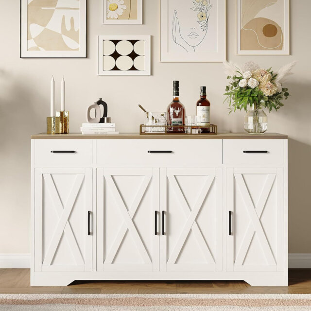 Large Sideboard Buffet Storage Cabinet, with 3-Drawer and 4 Doors, Buffet cabinets, Modern Farmhouse Coffee Bar Cabinet, for Kitchen, Dining Room Livi