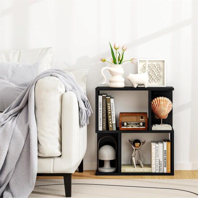 3-Tier Bookshelf, Wooden S-Shaped Display Shelf With 4 Compartments, Freestanding Storage Cabinet Shelving Unit Open Cube Bookcase For Living Room Hom