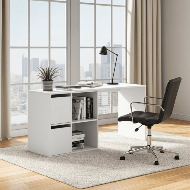 Drift White Reversible Home Office Desk With Storage â Study Table For Computer And Laptop With Shelves And Cupboards