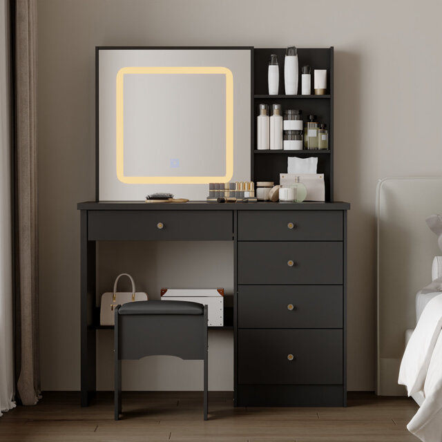 100cm Wide Dressing Table with Sliding 3-Colour LED Mirror & Hidden Storage, 5-Drawer Vanity & Stool