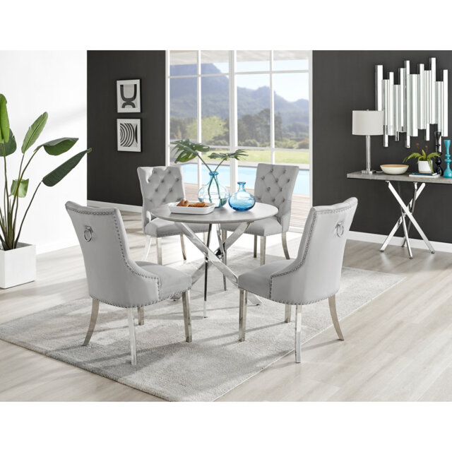 Tierra Modern Chrome Metal & Glass Round Dining Table Set with 4 Luxury Button Velvet Chairs