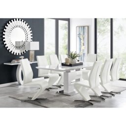 Alezzo Modern High Gloss Extendable Dining Table Set with 8 Modern Design Faux Leather Dining Chairs