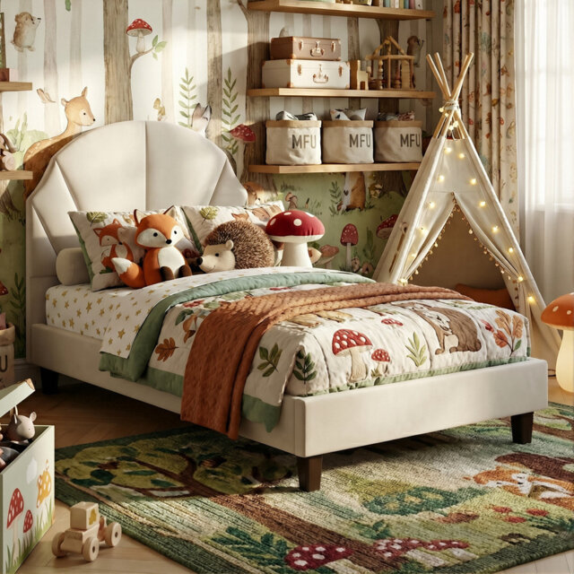 Kids Velvet Bed, Scalloped Shell Upholstery Headboard With Adjustable Height, European Single (90 X 200 cm)
