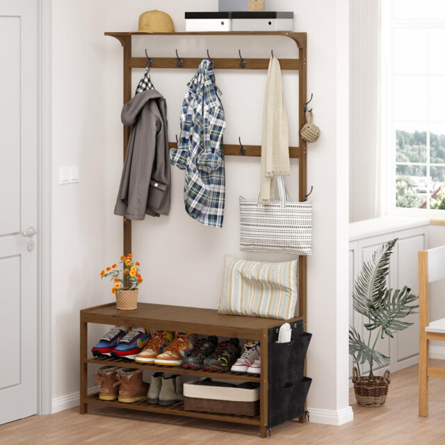Coat Rack Bamboo Hall Tree Entryway Shoe Bench And Shelves, 6-In-1 Coat Stand With Storage Cloth Bags With 14 Coat Hooks