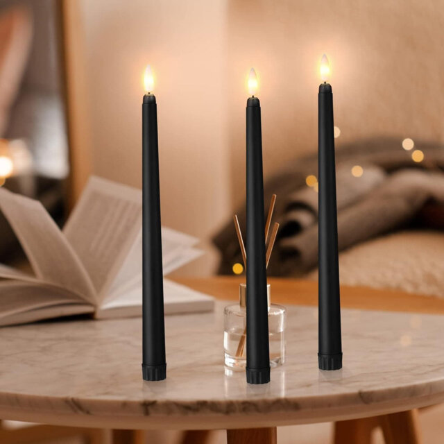 "48-Pack Flameless Taper Candles - 11"" Black Plastic, Realistic Yellow Flickering, Long-Lasting Battery-Operated, for Halloween/Christmas Window Decor"