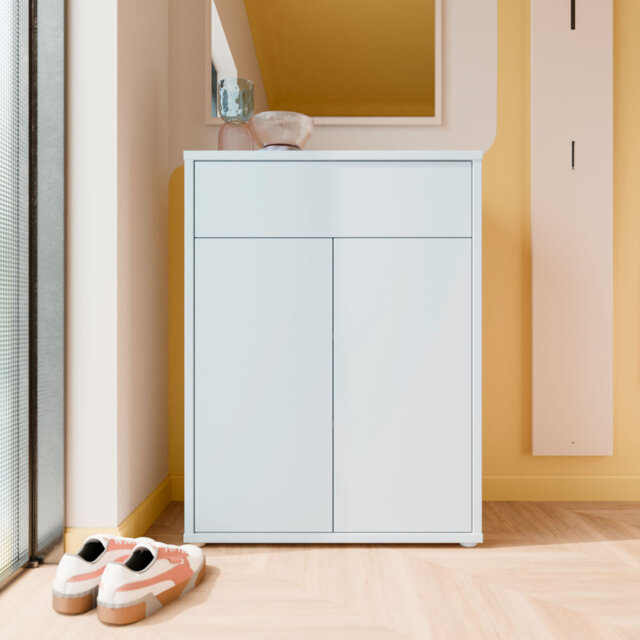 Modern minimalistic shoe cabinet with 2 doors and 1 drawer, engineered wood, light grey, 74.5 cm W x 99.1 cm H x  34.9 cm D