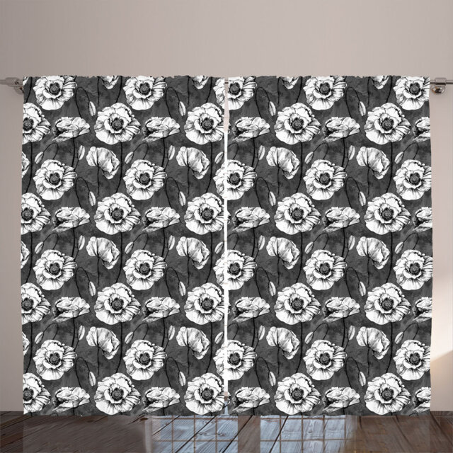 Rustic curtain, blooming vintage poppies, poppy, gray black and white