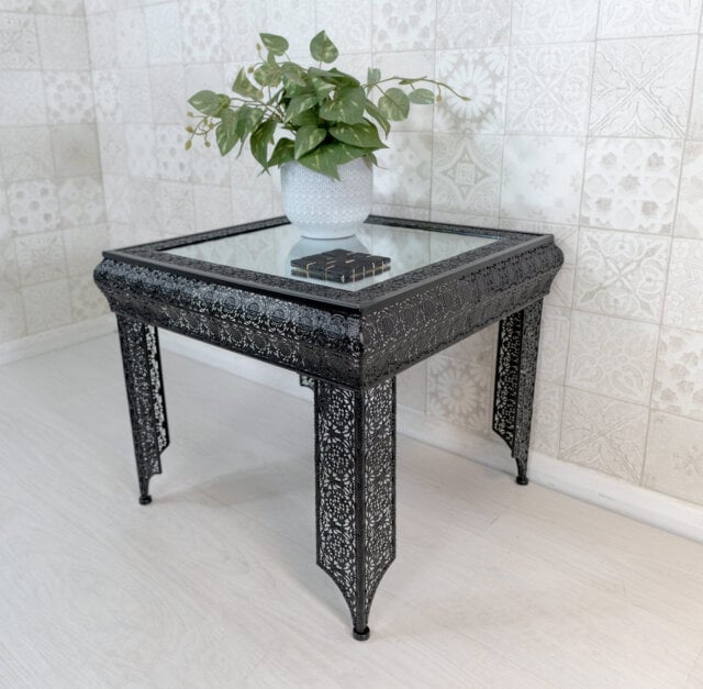 Carlyse Embossed Metal & Glass Moroccan Style Side Table