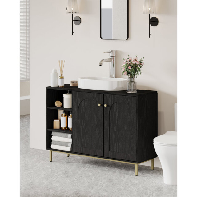 Bathroom Storage Cabinet, Bathroom Floor Cabinet with 3 Open Adjustable Shelves and 2 Doors, Freestanding Bathroom Storage Unit for Living Room, Entry