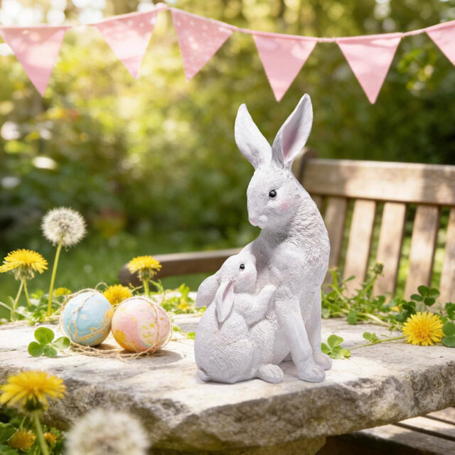 "4.7"" ×5.8"" ×11"" Mother Baby Bunny Resin Garden Statue, Outdoor Easter Spring Patio Decor Gift"