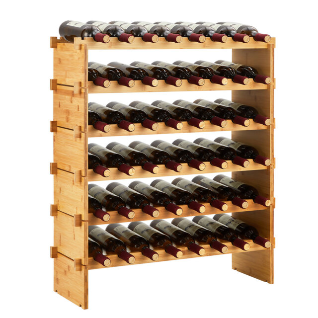 48 Bottles Wine Rack, 6 Tier Bamboo Wooden Wines Storage Rack, Stackable Modular Wine Display Shelves, Wobble-Free Wine Holder Freestanding Floor Wine