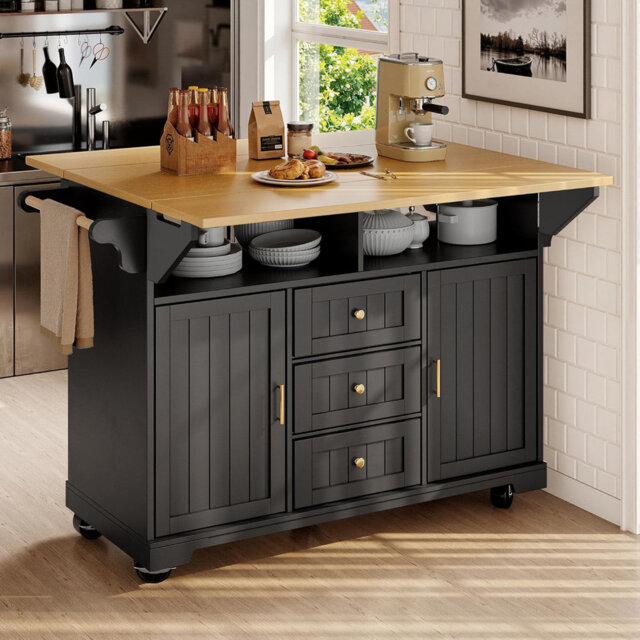 Jaxenor Kitchen Island with Foldable Countertop, Extendable Kitchen Trolley with Casters, Storage Cabinet with Towel Rail and Spice Rack for Dining Ro