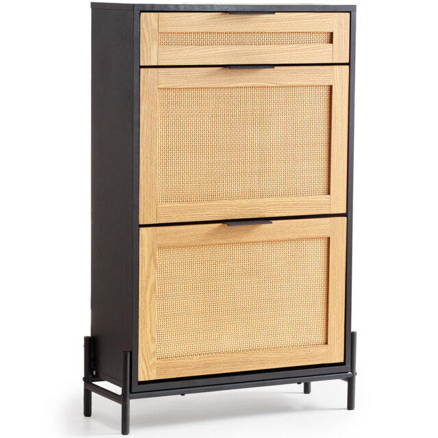 Rattan Shoe Cabinet, Narrow Shoe Storage Organizer with 2 Flip Rattan Drawers & 1 Slide Drawer