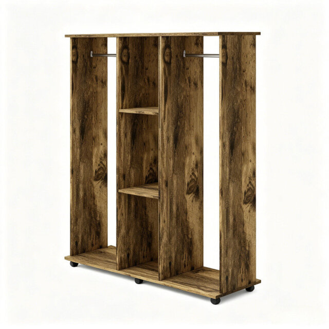 Rustic Brown Open Wardrobe on Wheels, Double Hanging Rails and 3 Storage Shelves Mobile Clothes Organiser for Bedroom, Hallway or Cloakroom