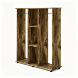 Rustic Brown Open Wardrobe on Wheels, Double Hanging Rails and 3 Storage Shelves Mobile Clothes Organiser for Bedroom, Hallway or Cloakroom