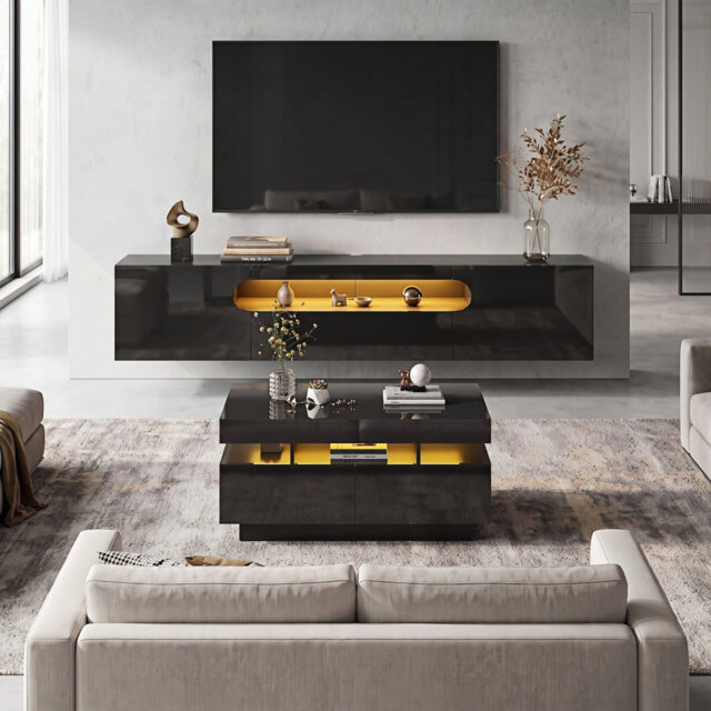 Modern Living Room Set, High-Gloss Floating LED TV Stand & Rectangular Coffee Table Combo
