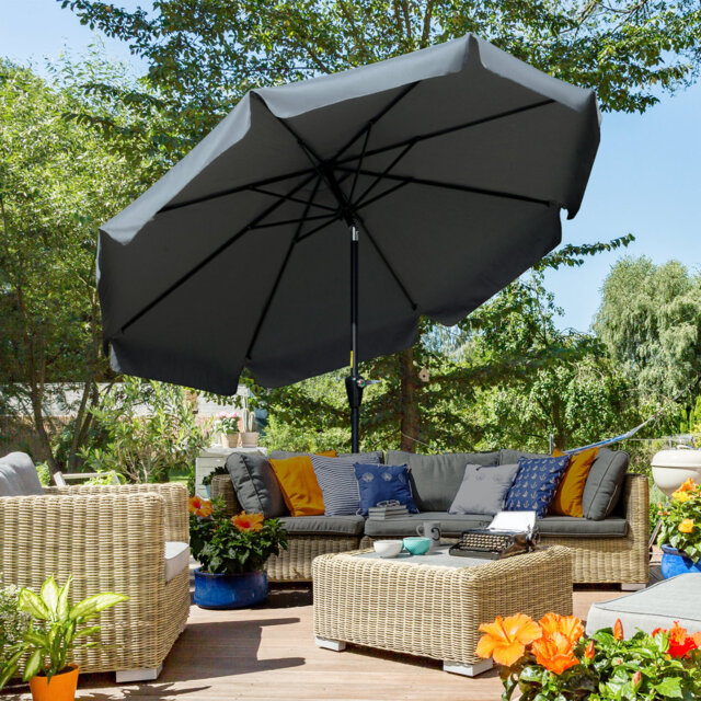 2.7m Grey Patio Parasol, Outdoor Table Garden Umbrella With Crank Handle, 45° Tilt Function, 8 Ribs And Ruffled Edge