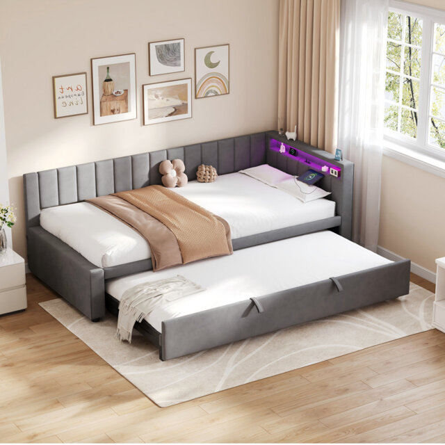 3ft Velvet Daybed With Usb, Led And Trundle Bed Beige