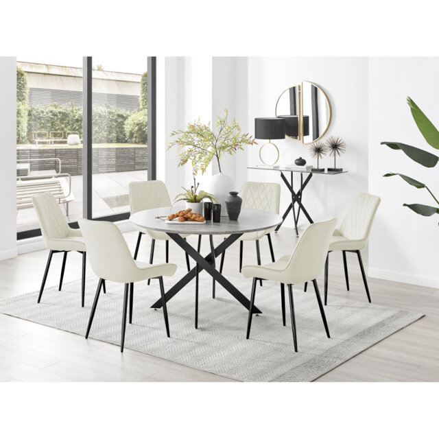 Tierra Modern Chrome Metal & Glass Round Dining Table Set with 6 Luxury Faux Leather Chairs