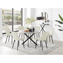 Tierra Modern Chrome Metal & Glass Round Dining Table Set with 6 Luxury Faux Leather Chairs