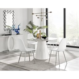 Edzard Statement Round Dining Table Set in Luxury Marble Effect & 4 Faux Leather Dining Chairs