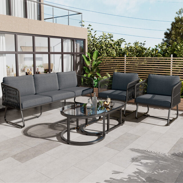 Grey Outdoor Patio Garden Lounge Sofa Set with Space-Saving Design & Tempered Glass Coffee Table for Backyard Poolside