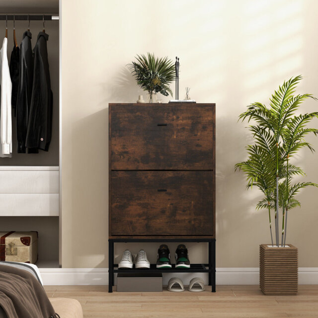 Industrial Shoe Storage Cabinet Freestanding Shoe Organizer With 2 Flip Drawers