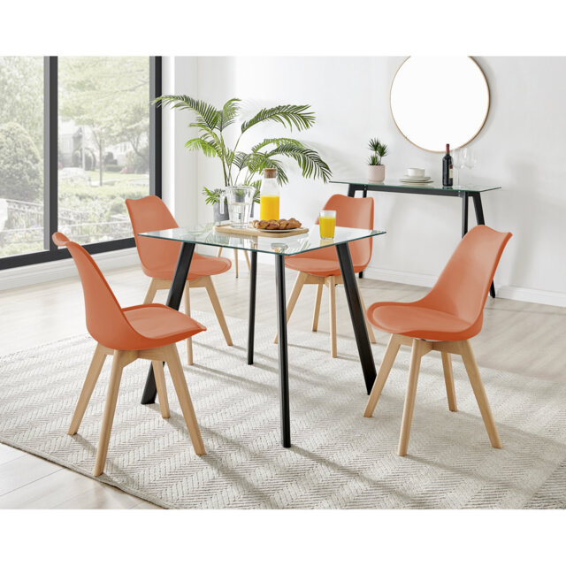 Scandinavian Style Glass and Metal Leg Square Dining Table Set - 4 Modern Wooden Leg Dining Chairs