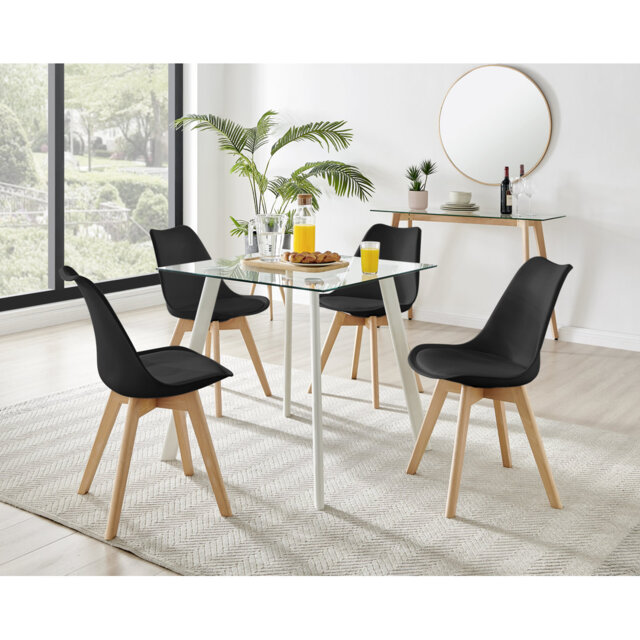 Scandinavian Style Glass and Metal Leg Square Dining Table Set - 4 Modern Wooden Leg Dining Chairs