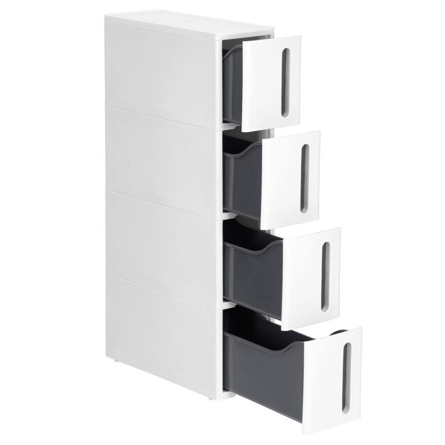 Niche shelf with castors, narrow trolley with 4 drawers, extendable, bathroom shelf, kitchen cabinet with wheels, PP plastic, space-saving, 45 x 17 x