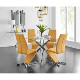 Tierra Modern Chrome Metal & Glass Round Dining Table Set with 4 Modern Design Faux Leather Chairs