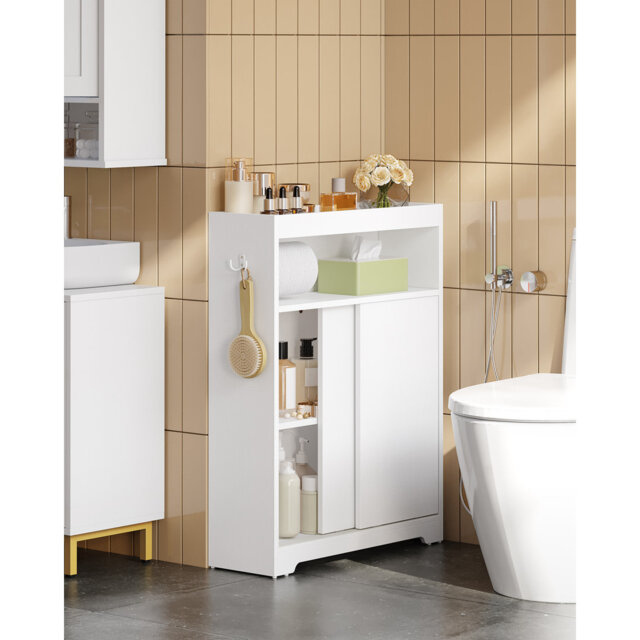 Bathroom Storage Cabinet, Bathroom Floor Cabinet with Sliding Doors, Toilet Paper Holder and Hooks, Freestanding Storage with Adjustable Shelf, for Li