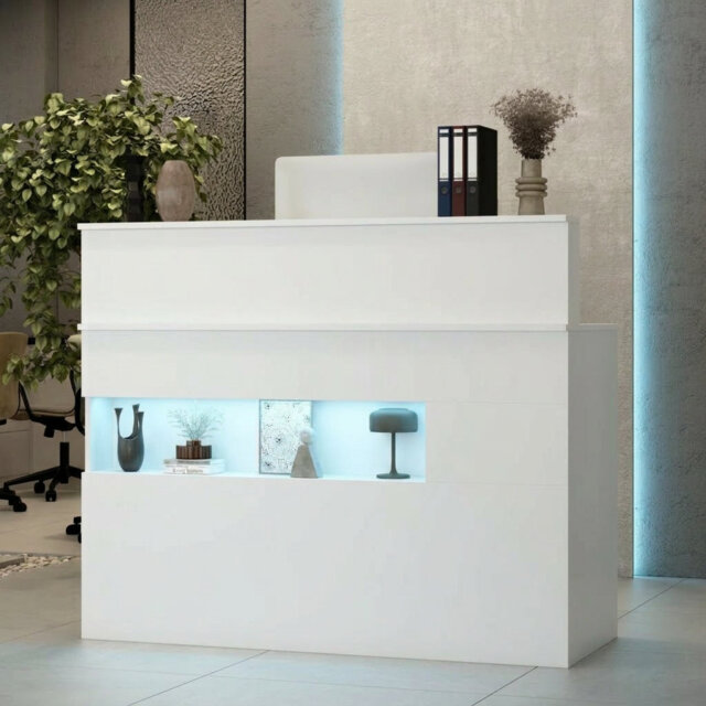 120cm White Reception Station with LED Light, Lockable Drawer for Salon, Retail & Office