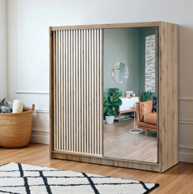 Statement Oak Wotan & Black Sliding Mirrored Wardrobe - 203cm Contemporary Storage with Lamella Feature