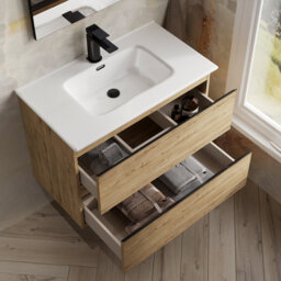 Bethene 800mm Ostippo Oak Wall Hung Vanity Unit With Athena Basin