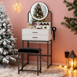 Dressing Table with LED Lighted Mirror, Makeup Vanity Desk with Stool and 2 Drawers, 55CM Desktop
