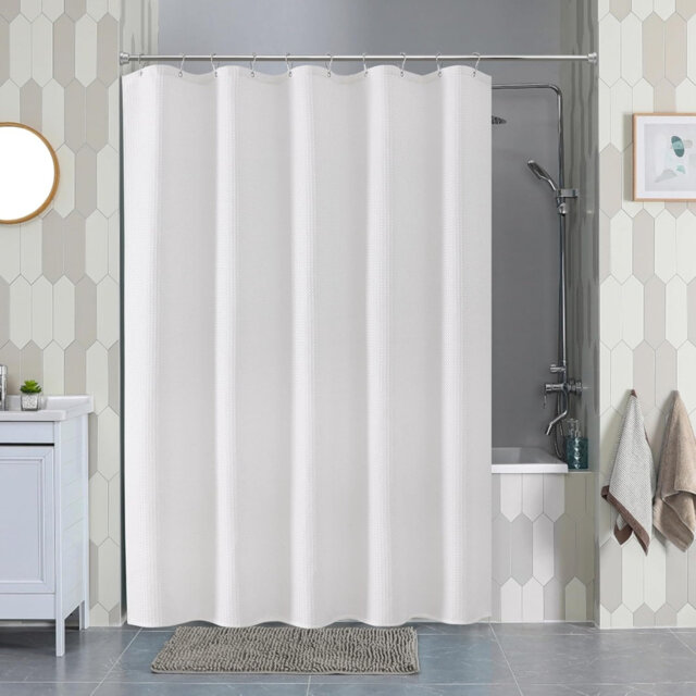 White Shower Curtain with Metal Hooks Waffle Fabric Shower Curtain 152 x 214 cm