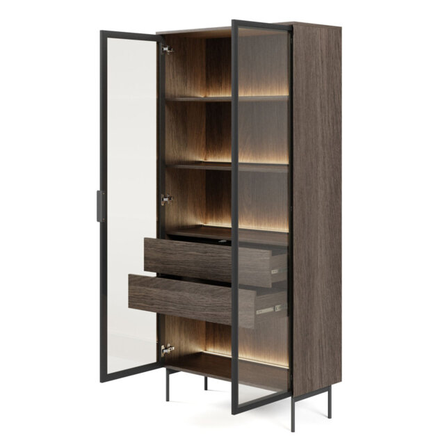 Lumi Two-Door Glass Display Cabinet with Two Drawers 91 cm Dune Oak