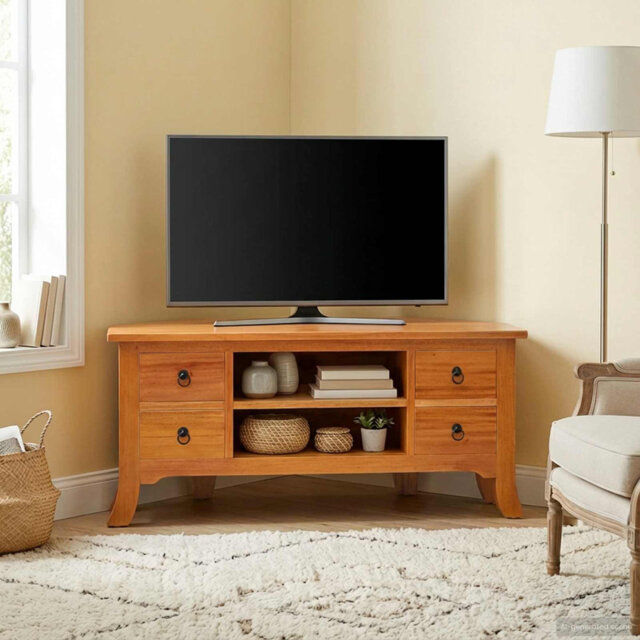 TV Cabinet With Drawer With Shelf Brown Solid Mahogany Wood Furniture