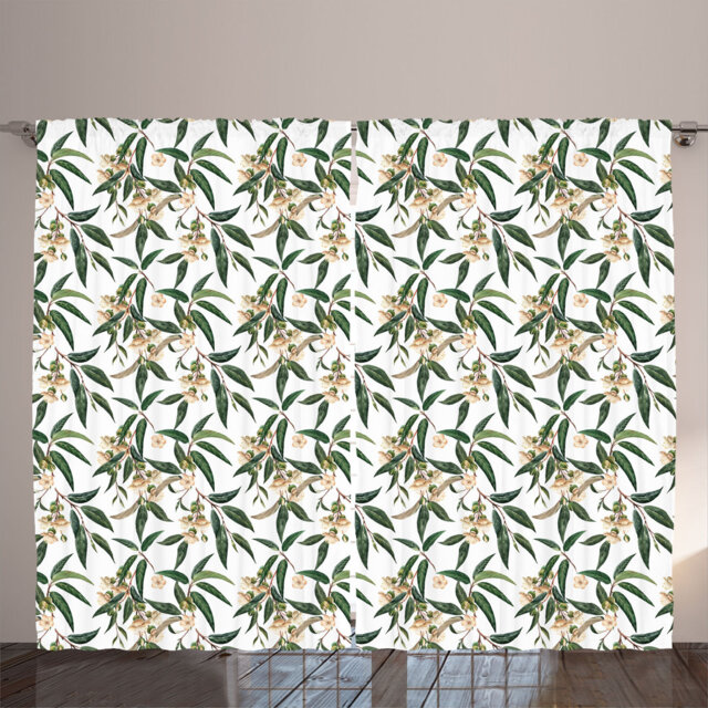 Rustic curtain, durian botanical motif, tropical, hunter green and warm taupe