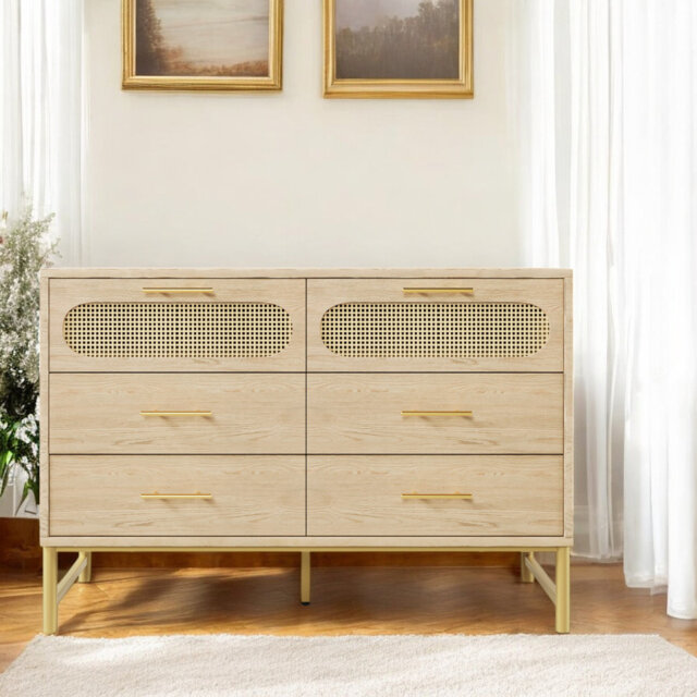 Oak Rattan Sideboard With 6 Drawers Storage Cabinet, Metal Handles, Anti-Tip