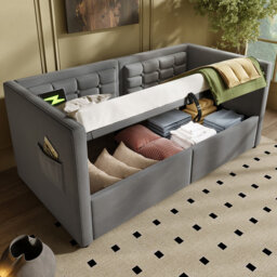 Upholstered Daybed, 90x190cm Grey Velvet Sofa Bed, USB & Type-C Charging, Hydraulic Storage for Bedroom Living Room