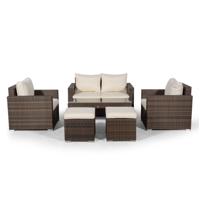 Villatoro Brown Rattan 2 Seat Sofa + 2 X Armchairs & 2 Stool Coffee Table, Outdoor Patio Garden Furniture