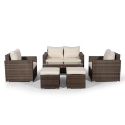 Villatoro Brown Rattan 2 Seat Sofa + 2 X Armchairs & 2 Stool Coffee Table, Outdoor Patio Garden Furniture