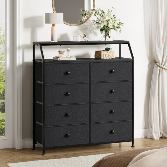 Chest Of Drawers With 8 Drawers, Dresser For Bedroom With Shelf And 2Pcs Wooden Top, Large Storage Organizer Unit For Closet, Living Room