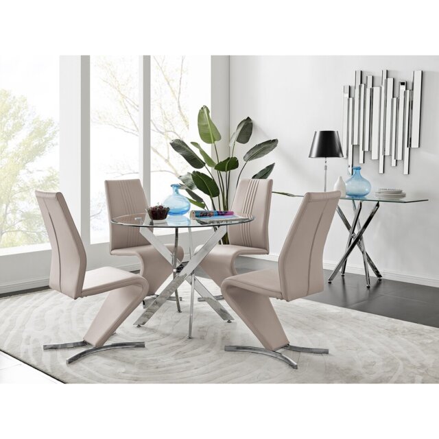Tierra Modern Chrome Metal & Glass Round Dining Table Set with 4 Modern Design Faux Leather Chairs