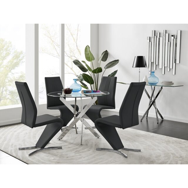 Tierra Modern Chrome Metal & Glass Round Dining Table Set with 4 Modern Design Faux Leather Chairs