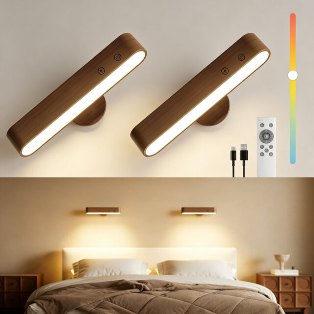 Walnut Wooden Rechargeable Battery Wall Sconces, Set of 2, 360° Magnetic Rotatable LED Indoor Wall Lights, Touch & Remote Control, 3 Colour Temperatur